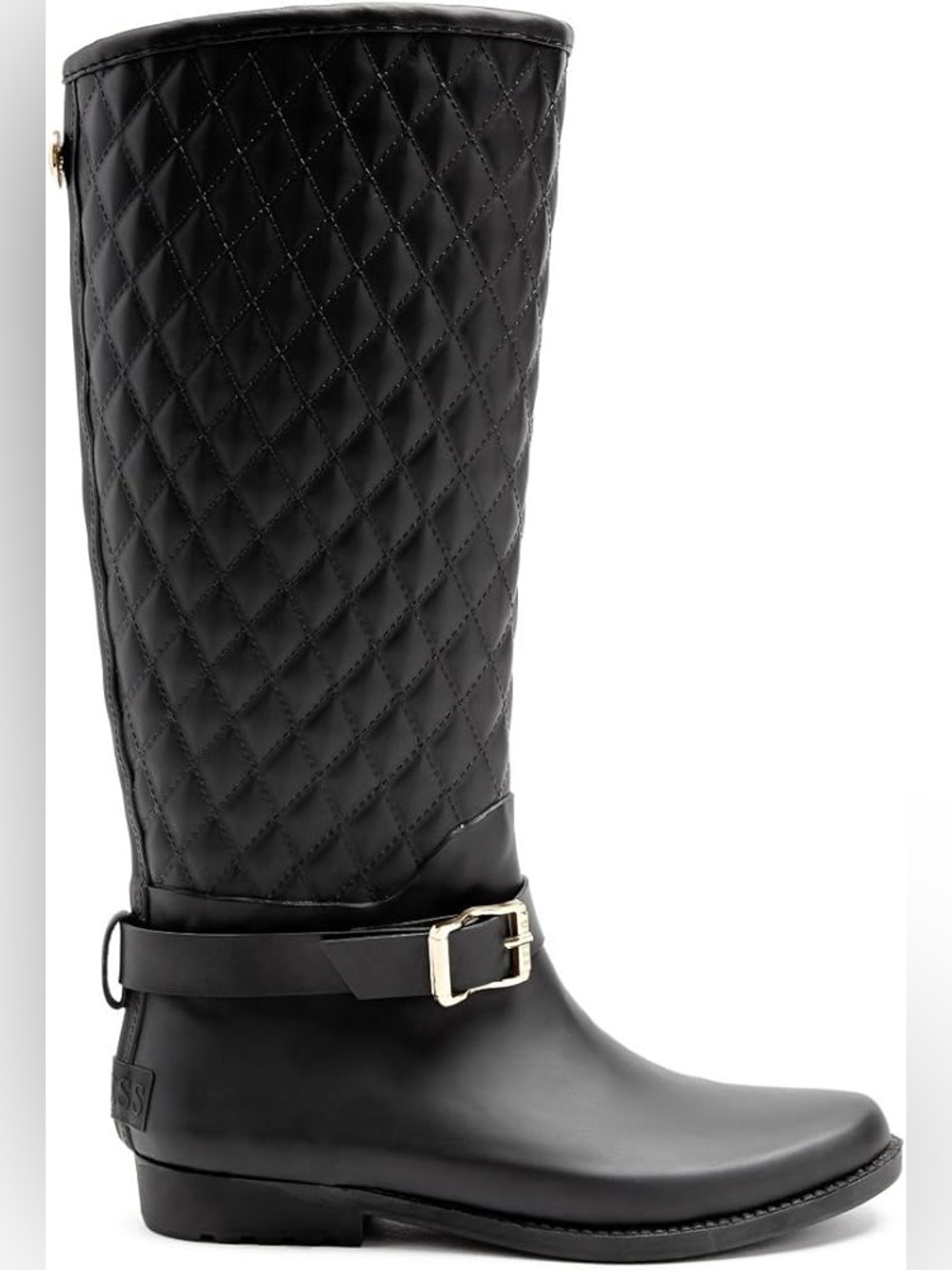 Guess Quilted Tall Rain Boot with Gold Buckle - Black